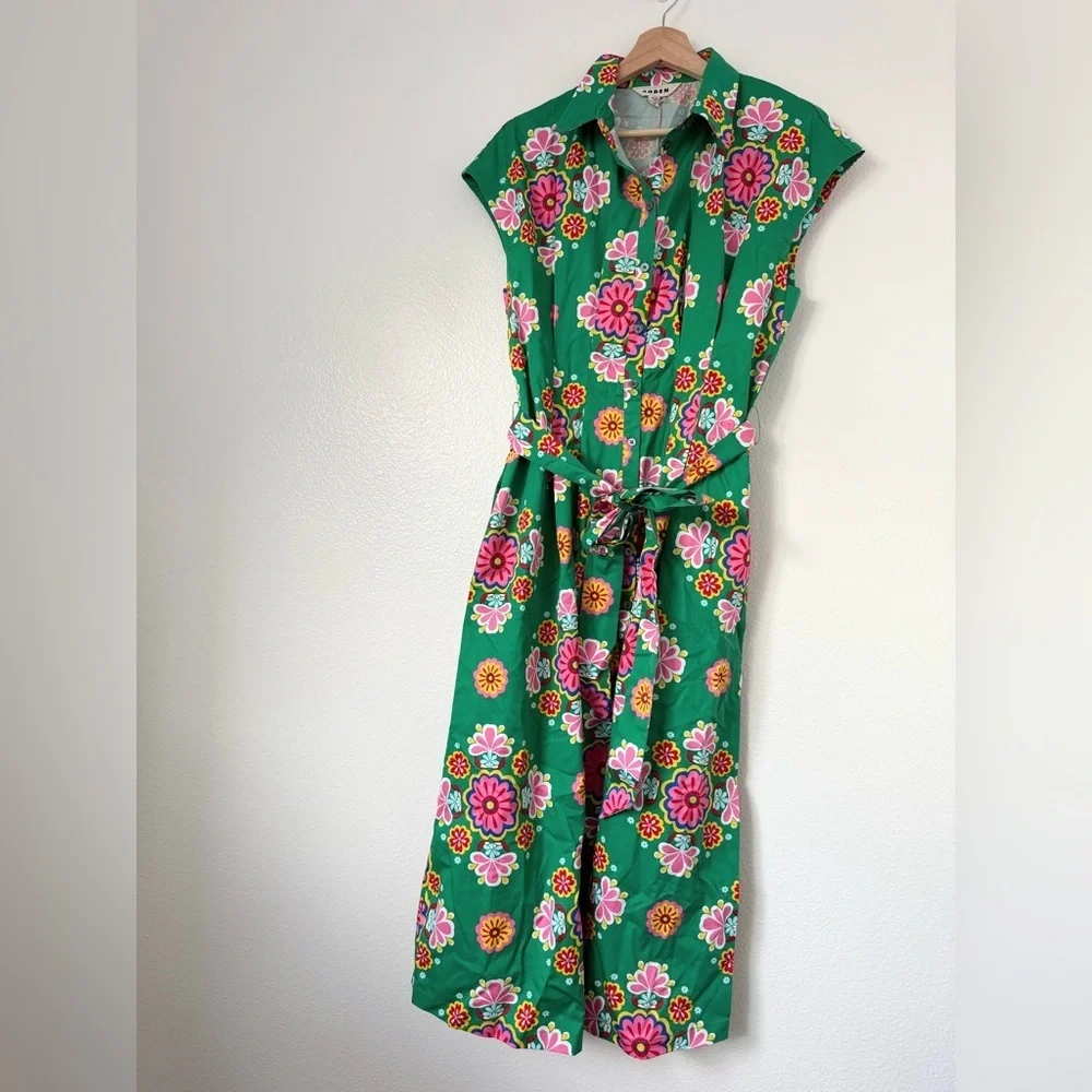 Boden Rachel Cotton Midi Shirt Dress Rich Emerald Meadow Posy women’s 8R NWT